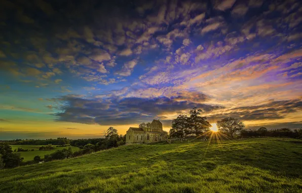 Field, the sky, grass, clouds, sunset, Church