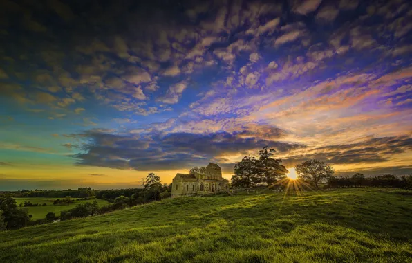 Picture field, the sky, grass, clouds, sunset, Church