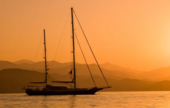 Sea, fog, coast, ship, morning, haze, calm, mast