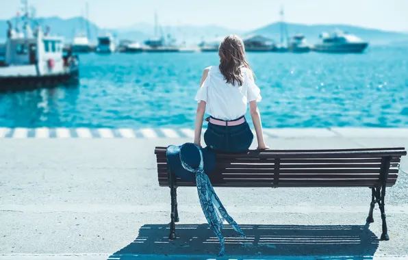 Picture girl, the sun, Marina, hat, bench