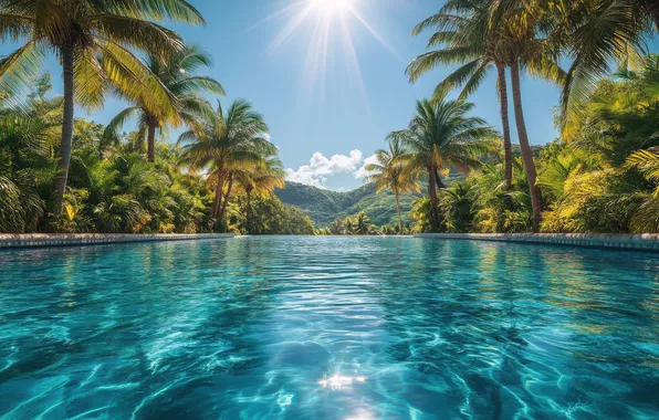 Sea, beach, summer, clouds, rays, mountains, tropics, blue