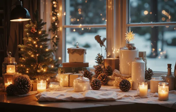 Lights, table, candles, window, Christmas, jars, New year, bottle