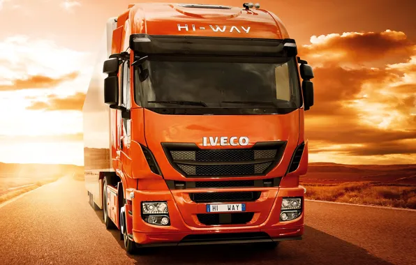 Road, sunset, desert, track, 500, tractor, Iveco, Stralis