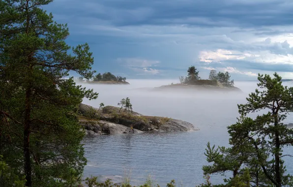 Picture landscape, nature, fog, stones, Lake Ladoga, Karelia, Ladoga, Skerries