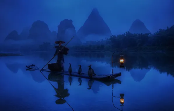 Picture forest, water, light, reflection, river, boat, China, fisherman