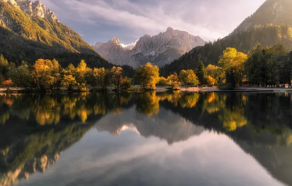 Autumn, forest, the sky, water, the sun, trees, mountains, lake