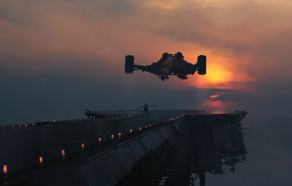 Spaceship, man, arrival, lamding field