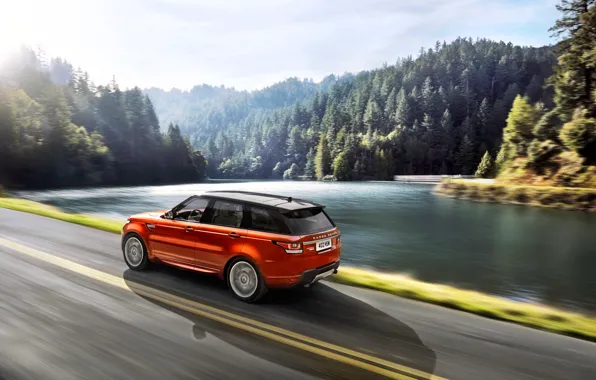 Auto, Road, Lake, Forest, Orange, Land Rover, Range Rover, Sport