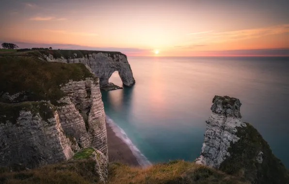 Sea, the sky, the sun, rocks, dawn, shore, arch