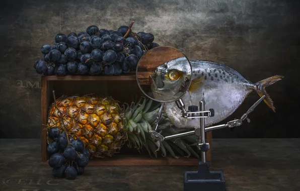 Fish, grapes, pineapple, still life