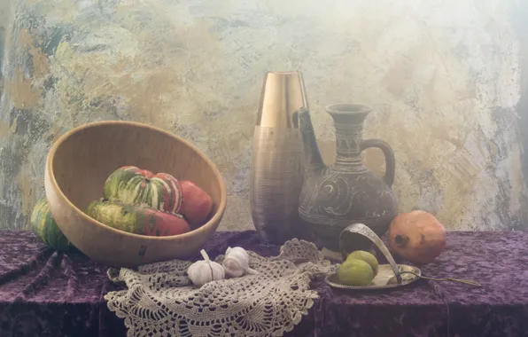Table, wall, plate, pumpkin, bowl, pitcher, fruit, still life