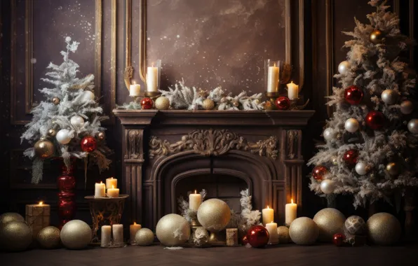 Balls, interior, Christmas, New year, tree, fireplace, herringbone, Christmas tree