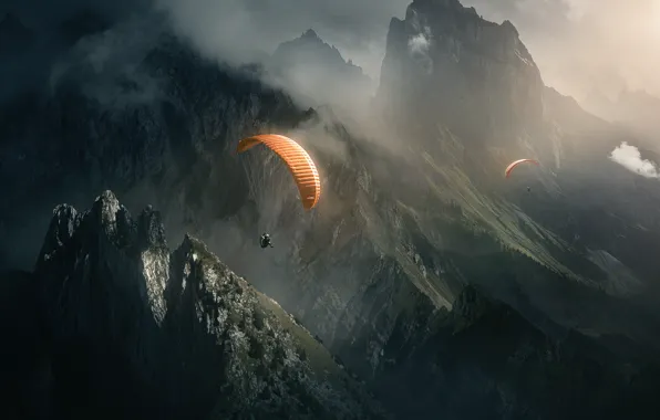 Light, flight, mountains, nature, fog, rocks, sport, parachute