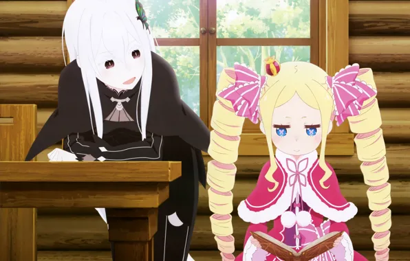 Book, white hair, in the room, window, two tails, pink dress, Beatrice, wooden house