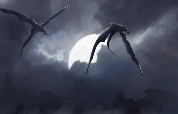 Night, Figure, Monsters, The moon, Landscape, Art, Dragons, Fiction