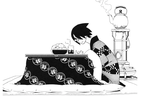 Table, figure, black and white, kettle, glasses, blanket, kotatsu, Sayonara Zetsubou Sensei