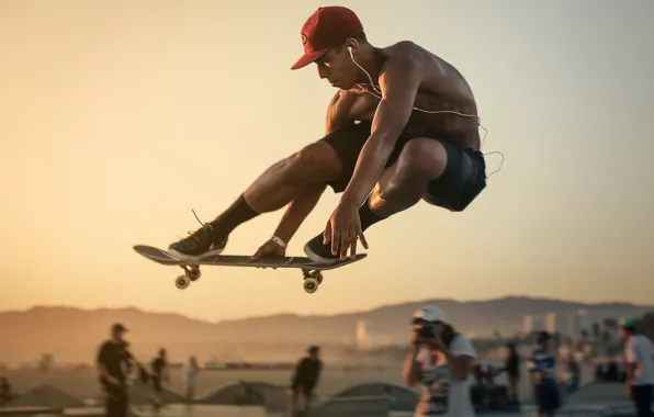 Picture sunset, people, jump, hills, skateboarding, skateboard, extreme sports, city