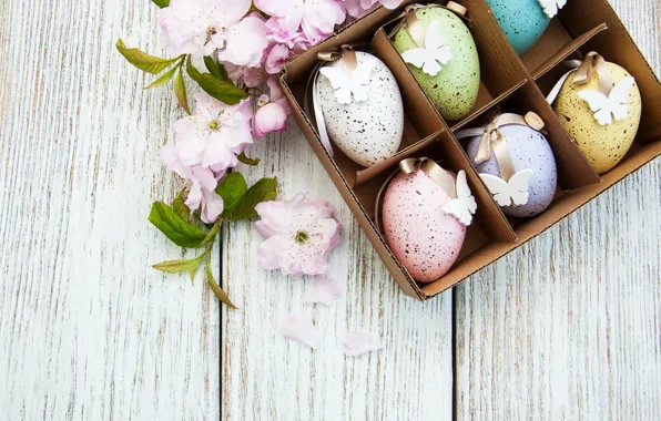 Flowers, eggs, spring, colorful, Easter, happy, wood, blossom