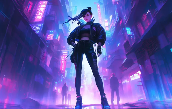 Picture city, anime, neon, cyberpunk, women, AI art