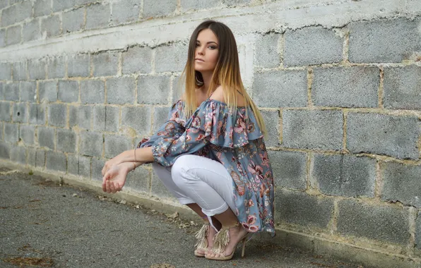 Picture long hair, photography, women, brunette, blonde, high heels, pants, squatting
