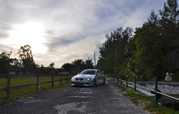 Picture road, the sky, clouds, bmw, BMW, the evening, silver, the fence