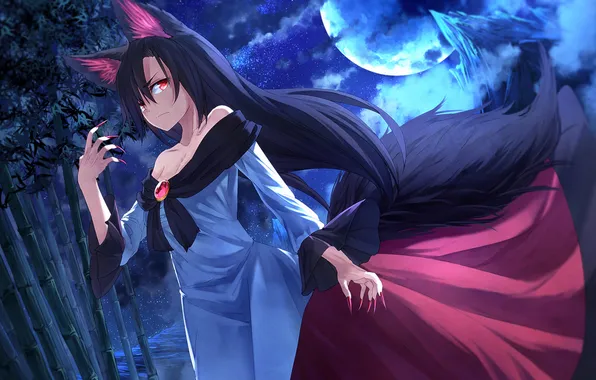 Girl, the moon, tail, claws, ears