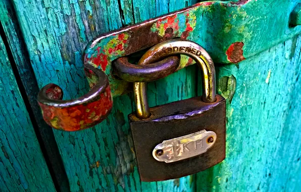 Green, old, door, padlock, wood door, door lock