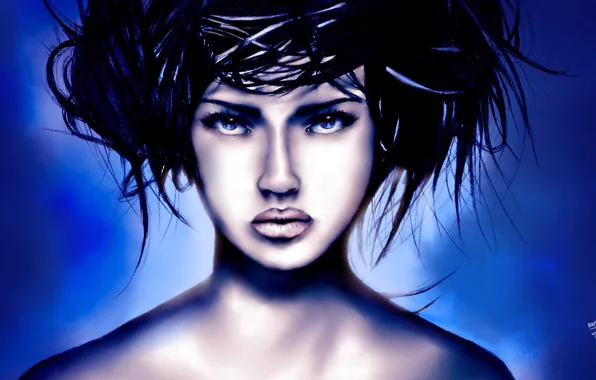 Picture look, girl, face, style, hair, art, hairstyle, lips. blue background