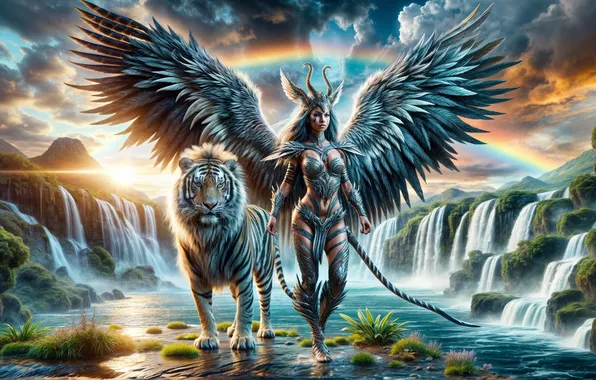 Girl, tiger, lake, waterfall, rainbow, fantasy