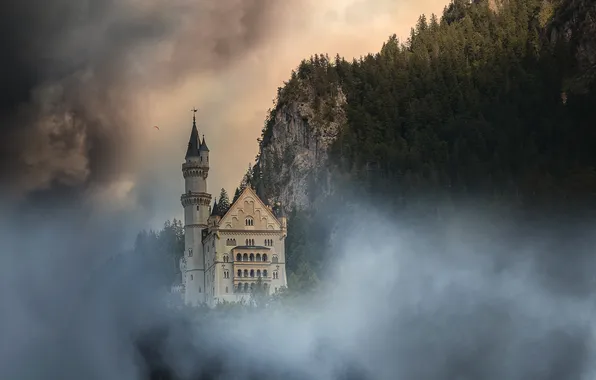 Mountains, fog, castle, Neuschwanstein