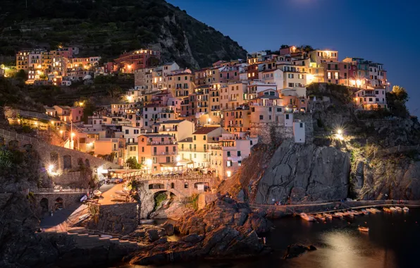 Sea, the sky, light, landscape, night, the city, lights, stones