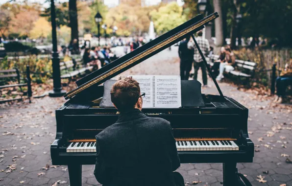 Autumn, leaves, Park, notes, music, people, building, piano