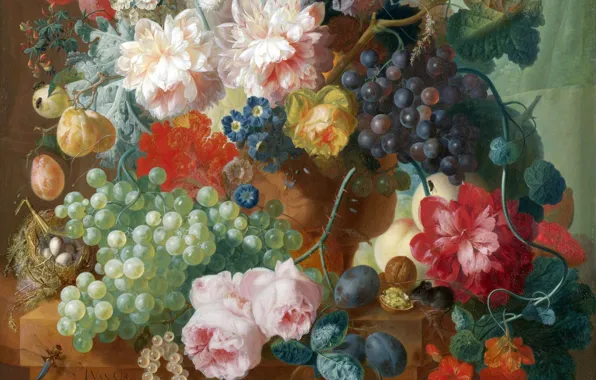 Flowers, eggs, socket, grapes, still life, painting, plum, walnut