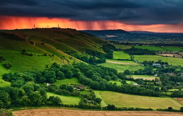 Summer, the sky, clouds, trees, sunset, clouds, field, home