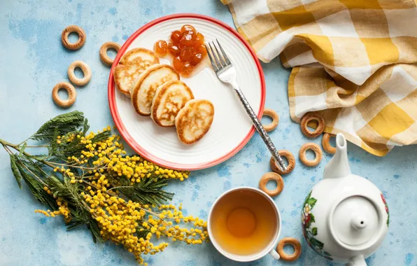 Flowers, tea, jam, bagels, Mimosa, Pancakes