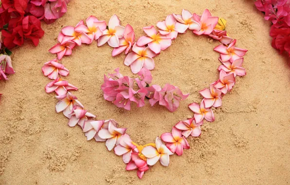 Sand, beach, flowers, heart, love, beach, heart, pink