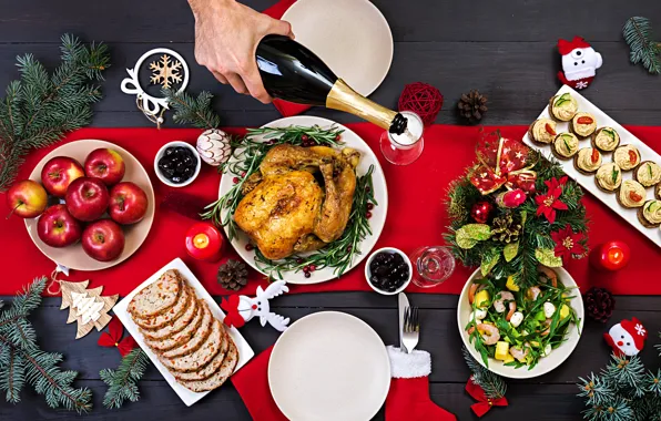 Greens, table, wine, apples, Board, bottle, food, hand