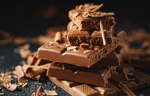 The dark background, chocolate, slices, bokeh, chocolate chips, chocolate bars