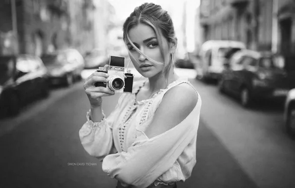 Picture black & white, girl, photo, photographer, camera, monochrome, model, bokeh