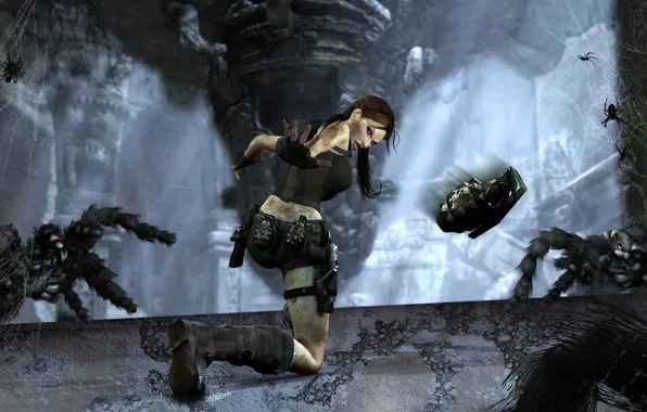 Girl, The game, Web, Weapons, Tomb Raider, Lara Croft, Pomegranate, Spiders