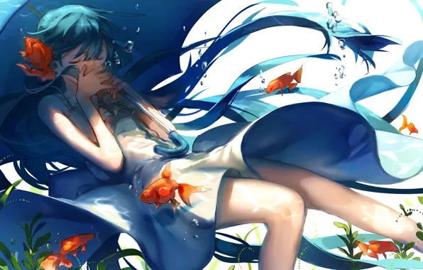 Picture vocaloid, gold, umbrella, closed eyes, bubbles, fish, algae, water