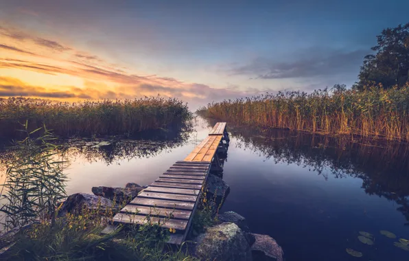 Summer, the sky, grass, clouds, sunset, lake, reflection, stones