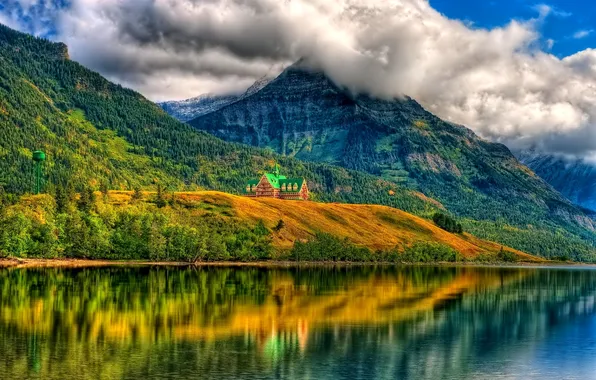 The sky, clouds, reflection, trees, mountains, lake, House