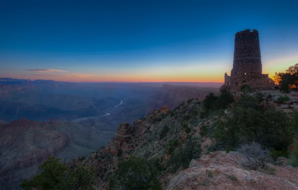 Mountains, fog, castle, tower, height, ruins, twilight, canyons