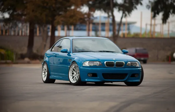 Picture trees, blue, reflection, bmw, BMW, front view, blue, e46