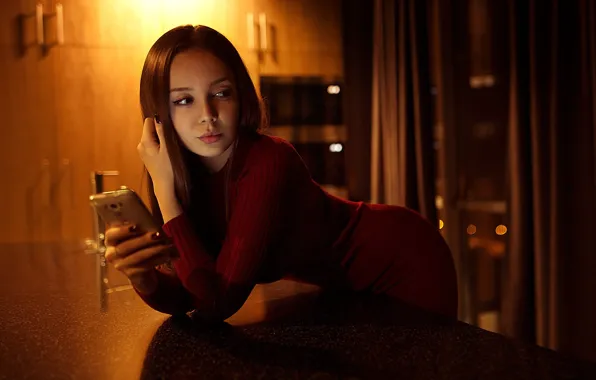 Dress, model, women, brunette, smartphone, red dress, hips, bent over