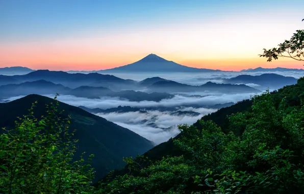 The sky, clouds, snow, sunset, fog, blue, mountain, the volcano