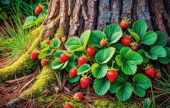 Berries, tree, strawberry, AI art, neural network