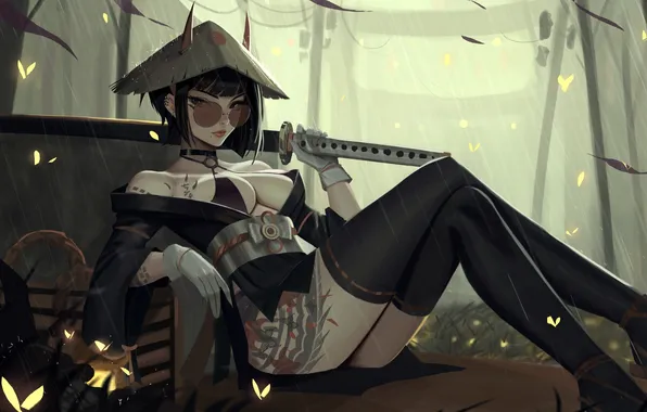 Girl, sword, fantasy, cleavage, rain, hat, stockings, katana