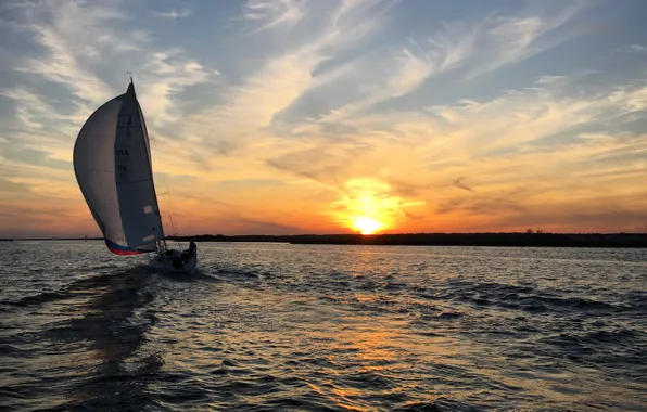 The sun, sunset, coast, sport, the evening, sails, ocean, training